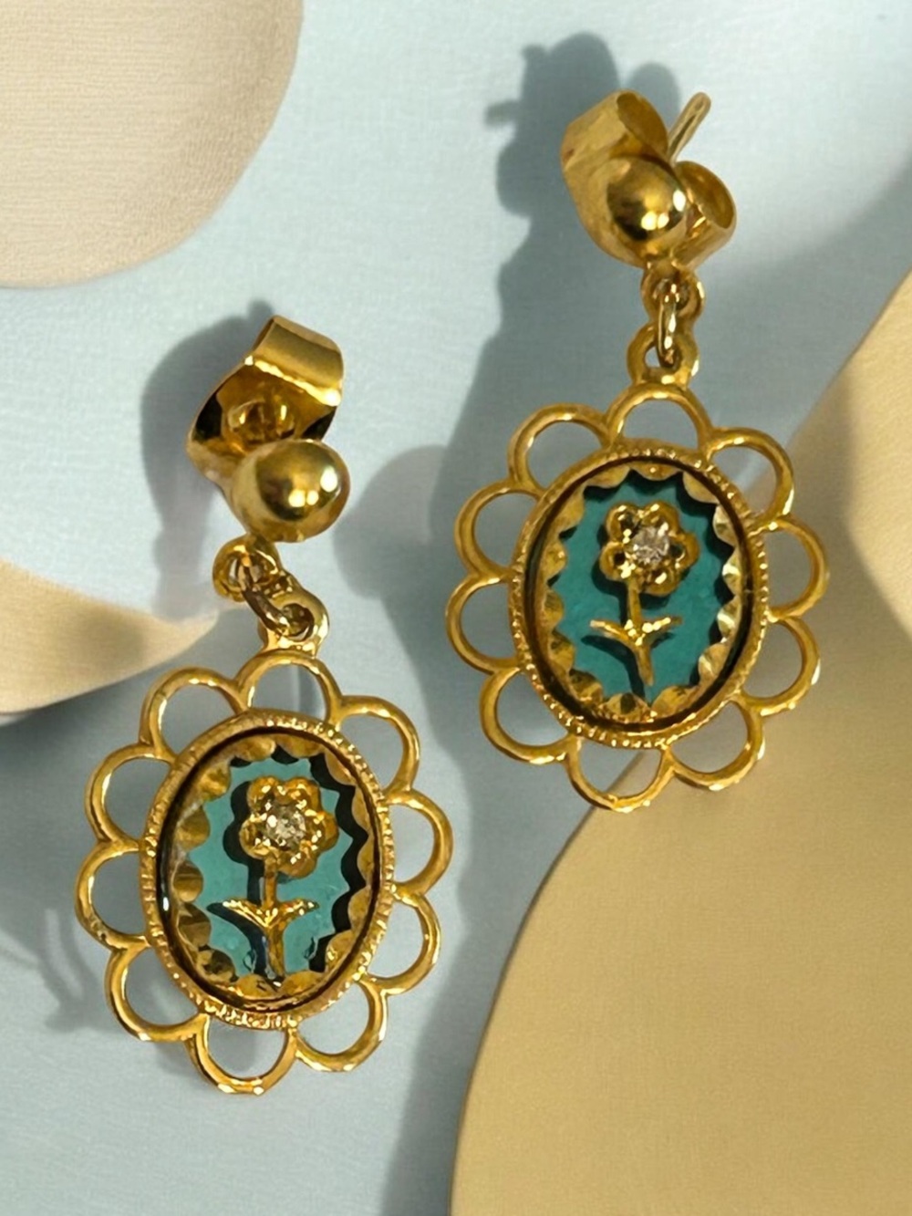Vintage Intaglio Etched Flower Post Dangle Earrings